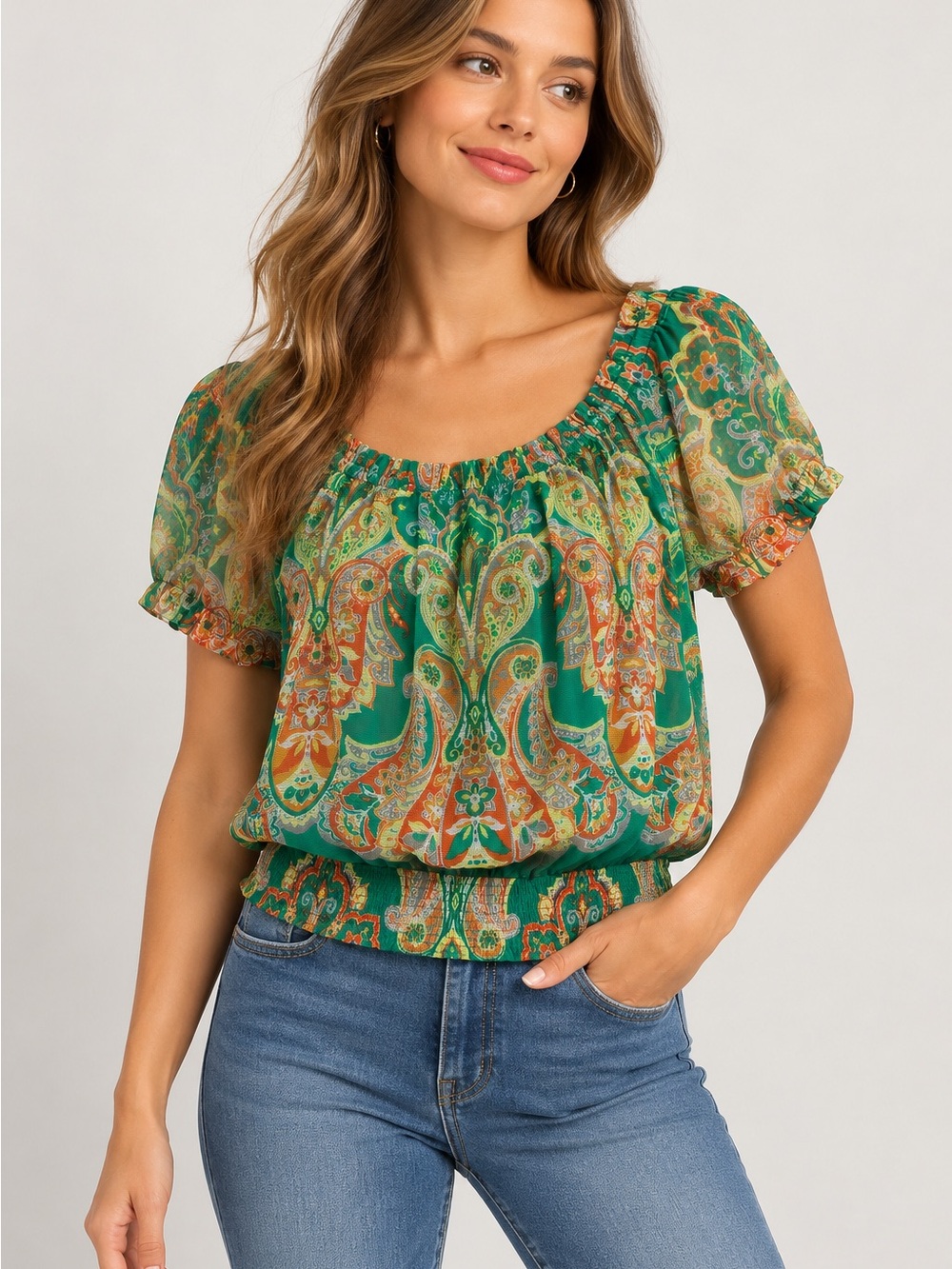 INC XS Green Paisley Boho Peasant Blouse